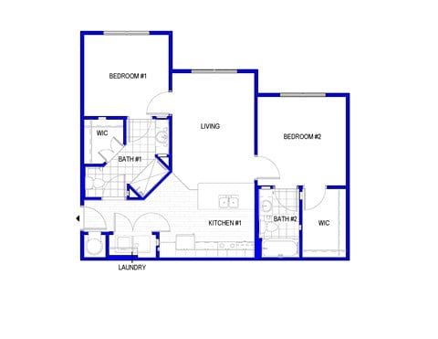 Floor plan for 2 beds, 1 bath, 906 sqft